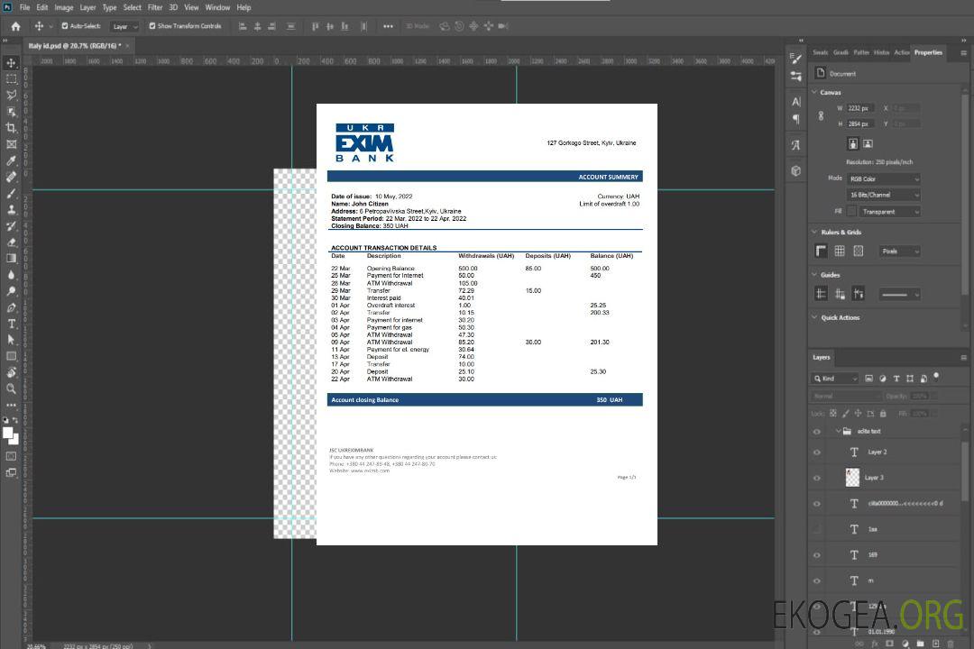Relevé bancaire d'Ukreximbank en Ukraine template Relevé bancaire d'Ukreximbank en Ukraine template